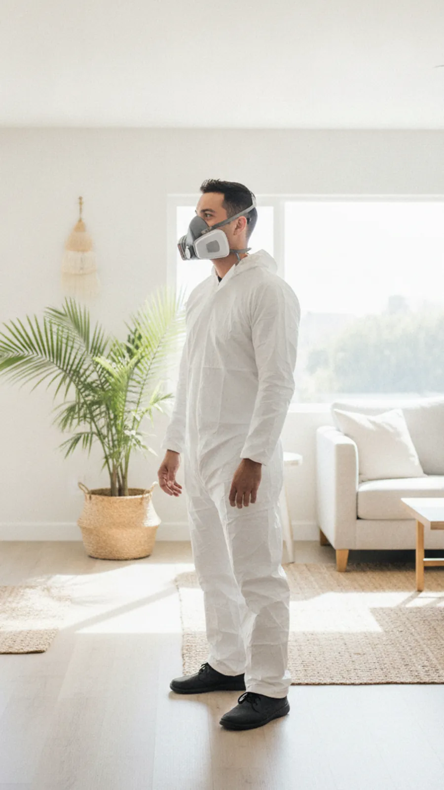 Remediation technician in PPE inspecting a Santa Monica coastal home