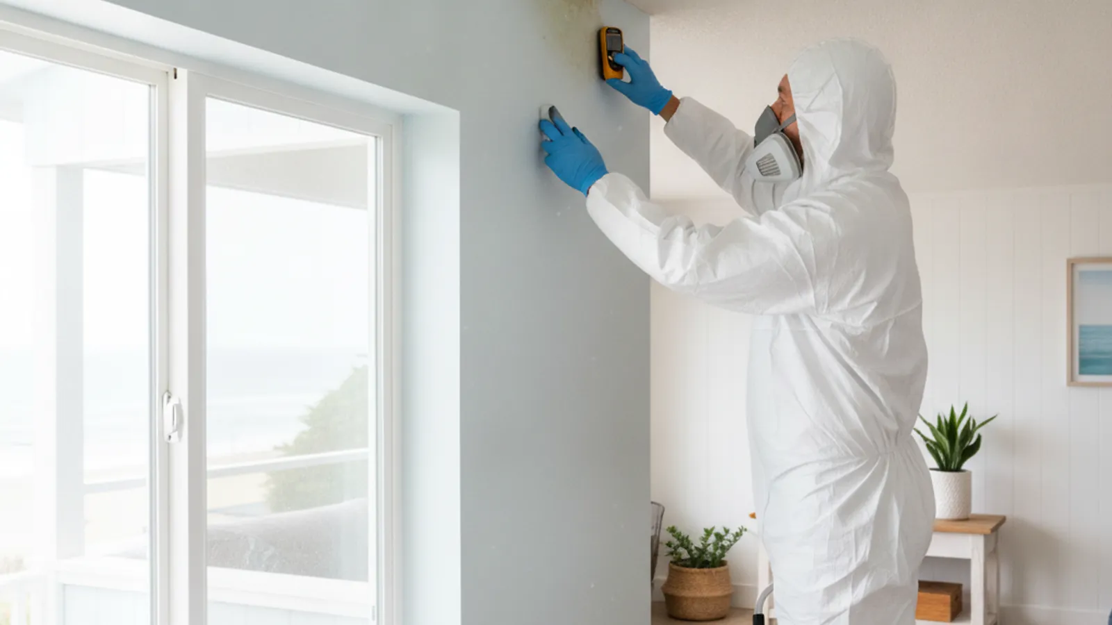 Remediation technician in PPE inspecting a Santa Monica coastal home
